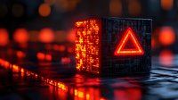 Glowing red triangle warning light on futuristic digital cube with binary code pattern against dark background with bokeh lights reflecting on wet surface.