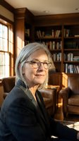 Mature woman with gray hair and eyeglasses wearing dark blazer sits in classic library with wooden shelves, leather furniture, and warm natural light from window.