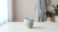 Handmade ceramic cup with soft green glaze sitting on white table in bright, minimalist interior space. Perfect for home decor, lifestyle, and product photography.