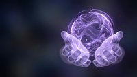 Glowing purple energy sphere floating above open cupped hands against dark background, representing power, magic, spirituality and mystical forces.