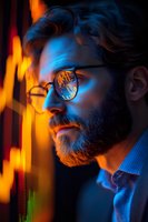 Bearded man with glasses in profile view illuminated by dramatic orange and blue neon lights creating moody cinematic atmosphere for creative portrait photography.