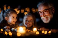 Heartwarming moment as senior man with gray beard and glasses shares magical evening with two young girls, illuminated by warm candlelight and bokeh lights creating festive atmosphere.