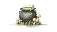 Magical cauldron with bubbling green potion surrounded by wild mushrooms and herbs, watercolor style illustration on white background for fantasy designs.