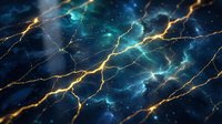 Electric lightning bolts crackling through deep blue cosmic space with golden energy streams and glowing plasma effects for digital backgrounds.