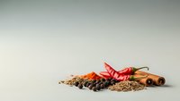 Aromatic spices including cinnamon sticks, red chili peppers, and various seeds arranged on neutral background for culinary and cooking projects.