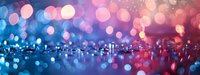 Glowing bokeh lights create dreamy atmosphere with pink and blue colors reflecting on wet surface, abstract defocused background for romantic design.