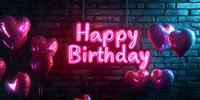 Pink neon happy birthday sign glowing on brick wall with heart-shaped foil balloons creating festive party atmosphere in dark room with blue lighting.