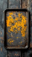 Vintage metal baking tray with scattered orange turmeric powder on dark rustic wooden background, creating abstract pattern and texture for food photography.