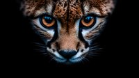 Close-up portrait of wild cat face with intense orange eyes and detailed fur texture on black background for wildlife photography and nature designs.