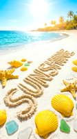Sunshine written in sand on a tropical beach with seashells, starfish, and sea glass, palm trees and ocean in the background.