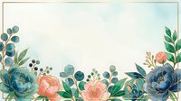 Watercolor floral border with blue and pink peonies, green leaves, gold frame on soft mint background for cards and invitations.