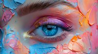 Artistic macro shot of blue eye with vibrant pink and orange paint splashes, glitter accents and creative makeup in contemporary beauty photography style.