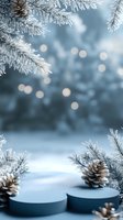 Frosty winter scene with pine branches and cones framing cylindrical podiums against blurred bokeh lights background in cool blue tones.