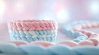 Soft braided silicone rings in pastel pink and blue colors on blurred background. Modern minimalist accessories for casual style and everyday fashion.