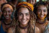 Young diverse women with bright smiles wearing colorful headwraps and natural hairstyles represent joy, friendship and authentic beauty in casual lifestyle setting.