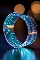 Transparent resin bangle bracelet with glowing turquoise glitter and bokeh effects on dark background, creating magical sparkle and reflection on surface.