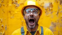 Excited bearded construction worker in yellow hard hat and safety glasses showing surprised emotional expression against vibrant yellow background.