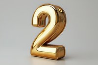 Golden metallic number two with reflective surface and soft shadows on light gray background, balloon-like inflated style suitable for celebrations and typography.