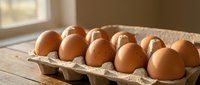Fresh brown eggs in cardboard carton on wooden table with natural sunlight streaming through window creating warm kitchen atmosphere for cooking.
