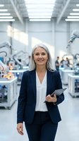 Mature woman with gray hair, Caucasian ethnicity, wearing navy blazer and white blouse, holding tablet in modern manufacturing facility with robotic arms and bright overhead lighting.