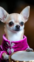 Adorable Chihuahua puppy wearing pink velvet dress with rhinestone details poses with tambourine against dark background, creating charming musical portrait.