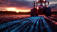 Red tractor in field at sunset with glowing blue rows of agricultural technology, combining modern farming innovation with dramatic evening sky.