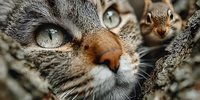Close-up of tabby cat face with green eyes and curious chipmunk peeking from behind tree bark in natural outdoor setting for wildlife photography.