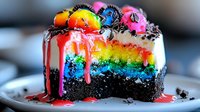 Vibrant rainbow cake slice with chocolate cookie base, colorful layers, pink dripping sauce and decorated with multicolored cake balls and chocolate crumbs on plate.