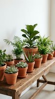 Collection of green houseplants in terracotta pots arranged on rustic wooden bench against white wall for home decor and indoor gardening projects.