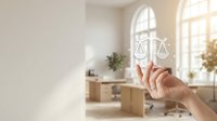 Unrecognizable person holding scales of justice icon in modern law office with natural light and wooden furniture.