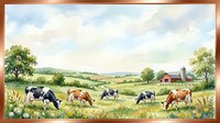 Watercolor farm landscape with grazing cows, green meadows, red barn, and cloudy sky, framed in copper border for rustic decor.