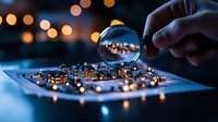 Magnifying glass examining illuminated circuit board with bokeh lights creating magical miniature city effect, technology concept for electronics design.