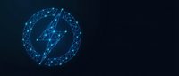 Glowing blue lightning bolt icon in geometric wireframe circle on dark background for energy and power technology concepts.