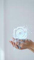 Hands holding glowing neon camera icon with aperture and growth arrow, representing digital photography, image editing software, and creative business technology solutions.