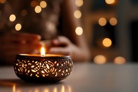 Glowing decorative metal candle holder with floral cutout pattern casting intricate shadows, warm bokeh lights in background creating cozy atmosphere.