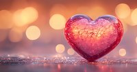 Shimmering pink glass heart against blurred golden bokeh background, creating romantic atmosphere for Valentine's Day, anniversary, or love concept.