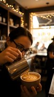 Professional barista with glasses creating latte art in cozy coffee shop with warm bokeh lights and shelving in background for hospitality concepts.