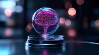 Glowing pink brain hologram in glass sphere on futuristic stand with bokeh background, representing artificial intelligence and neural networks technology.