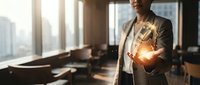 Professional businesswoman holding glowing lightbulb symbol in modern office representing innovation, creativity and bright ideas for corporate success.