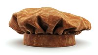 Brown leather chef hat with pleated top and classic toque design isolated on white background, ready for restaurant and culinary branding projects.