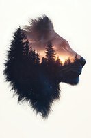 Double exposure silhouette of lion head merged with sunset forest landscape and starry sky, creating mysterious nature-inspired artistic composition.