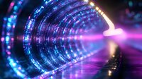 Futuristic digital tunnel with glowing blue binary code rings and pink light beam creating dynamic perspective effect, technology background concept.