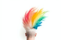 Vibrant rainbow-colored mohawk hairstyle on shaved head shown from behind against white background, displaying creative modern punk fashion and self-expression.