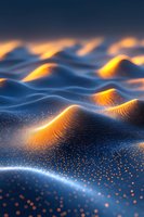 Abstract digital landscape with glowing orange particles flowing over blue waves creates futuristic terrain pattern with luminous light effects.