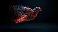 Glowing digital dove made of connected dots and lines flying against dark background, with particle effect trail in red and blue neon colors creating futuristic art.