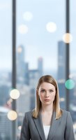 Caucasian woman in professional gray blazer positioned in modern high-rise office with cityscape view through floor-to-ceiling windows, suitable for corporate, business, and professional themes.