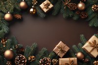 Festive frame with green fir branches, golden baubles, pine cones and wrapped gifts on dark brown background, copy space for holiday message.