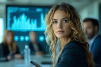 Young blonde businesswoman in dark blazer at corporate meeting with financial charts and data analytics displayed on screen in background.