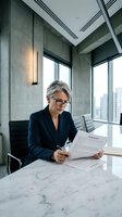 Mature woman with gray hair and glasses wearing dark blazer reviews documents at marble desk in modern high-rise office with concrete walls and city views.