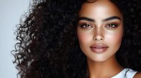 Young mixed-race woman with curly hair and natural makeup looking at camera with confident expression against neutral background for beauty and lifestyle concepts.